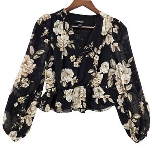Express Peplum Blouse Womens XS Black Floral Conscious Edit V-Neck Long Sleeve